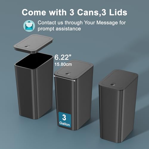 N. NETDOT 3 Pack Small Trash Can with lid, 3 Gallon Bathroom Trash Can,Garbage Can Slim Trash Bin Waste Basket for Bathroom,Kitchen,Bedroom,Living Room,Office,Laundry - Black - color: Black, size: 3 X 3 Gal