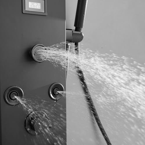 Shower Panel, Rainfall Handheld & 5 Body Jets, Black | Stainless Steel, Multi-Function Shower Tower System, Handheld Shower Wand Tub Spout and Rainfall Head, Temperature Display - color: Black, style: LED Shower Panel