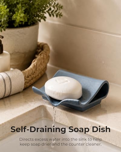 Zoeeker Self-Draining Soap Dish, Ceramic Soap Holder with Drain Spout | Bar Soap Saver Waterfall Design Drying Tray for Shower Bathroom Kitchen Bathtub, Sink Organizer Tray, Extends Soap Life, Blue - color: Blue