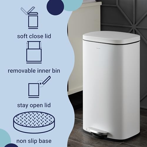 happimess Curtis 8 Gal Step Trash Can Soft Close 25", Cotton White | Stainless Steel, Fingerprint Resistant Satin Finish, Removable Liner, Steel Pedal, 20 Trash Bags Included, Kitchen Bin - color: White