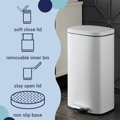 happimess Curtis 8 Gal Step Trash Can Soft Close 25", Cotton White | Stainless Steel, Fingerprint Resistant Satin Finish, Removable Liner, Steel Pedal, 20 Trash Bags Included, Kitchen Bin - color: White