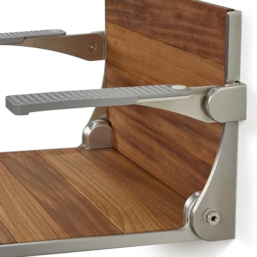 Silhouette Comfort Plus Folding Shower Seat with Armrests & Legs – Heavy-Duty Wall-Mounted Shower Bench, Teak Wood Seat with Silver Frame - color: Gray Frame, size: 18.73" x 15.25", style: Teak Wood