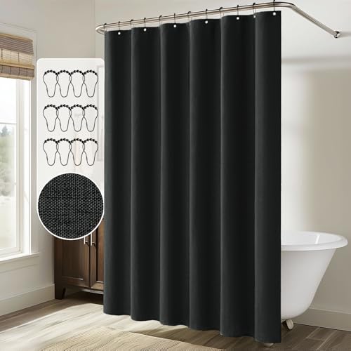 MIULEE 72 x 84 Extra Long Linen Shower Curtain Black 12 Metal Hooks | Washable, Heavy Fabric Shower Curtain Set, Waterproof Thick Cloth Shower Curtain, Bathroom Hotel Bathtub - color: Black, size: 72"W x 84"L (Pack of 1)