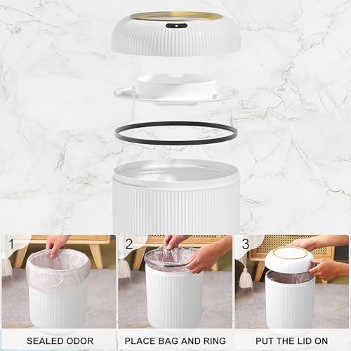 Automatic Motion Sensor Bathroom Trash Can with Lid,White and Gold | 3 Gallon Touchless Trash Bin,Auto Plastic Electric Garbage Cans Small White waste basket for Office, rv, Bedroom, Living Room - color: White