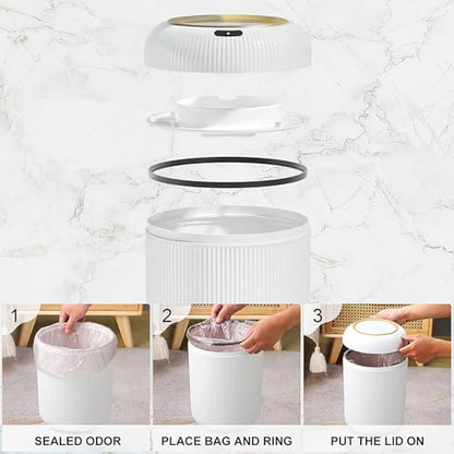 Automatic Motion Sensor Bathroom Trash Can with Lid,White and Gold | 3 Gallon Touchless Trash Bin,Auto Plastic Electric Garbage Cans Small White waste basket for Office, rv, Bedroom, Living Room - color: White
