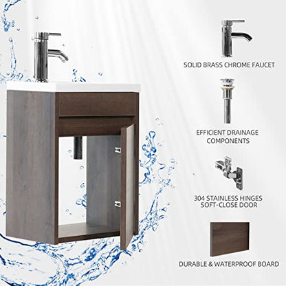 wonline 16” Bathroom Vanity Sink Combo for Small Space Wall Mounted Cabinet Set Design White Resin Basin Sink Top Chrome Faucet Wood Color - color: Brown