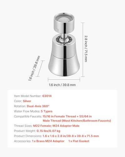 VEVOR Faucet Aerator, 360° Swivel Kitchen Sink Aerator, 5-Function 5-Flow Sink Sprayer Attachment, Bathroom Faucet Extender Head Replacement for 15/16 inch Female Thread with Adapter & 55/64 inch Male