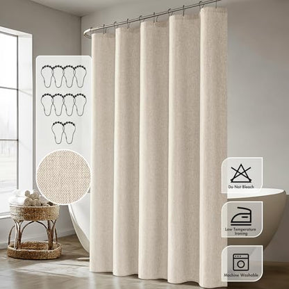 ANRODUO Cream Beige Linen Textured Fabric Shower Curtain Set - W60xL72 | Farmhouse Shower Curtain with 10 Metal Hooks, Waterproof Heavy Duty, Button Hole Design, Machine Washable for Bathroom - color: Cream, size: 60"W x 72"L (Pack of 1)