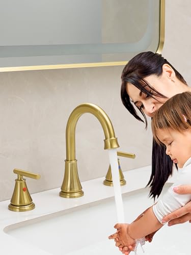 Widespread Bathroom Sink Faucet 3 Hole, Brushed Gold Bathroom Faucet with Metal Pop-Up Drain, 2 Handle for 6-16" RV Vanity Sink - color: Brushed Gold
