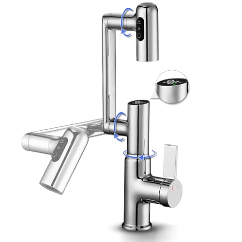 Rotatable Bathroom Faucet with Temperature Display in Fahrenheit(Batteries-Free), Height Adjustable Sink Smart Faucet with 3 Water Settings for Bathroom RV Lavatory Vanity Sink, LCF-2401, Chrome - color: Chrome - Fahrenheit