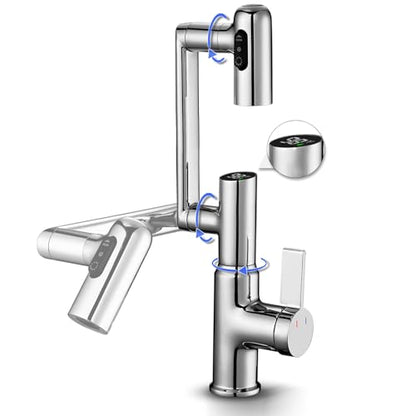 Rotatable Bathroom Faucet with Temperature Display in Fahrenheit(Batteries-Free), Height Adjustable Sink Smart Faucet with 3 Water Settings for Bathroom RV Lavatory Vanity Sink, LCF-2401, Chrome - color: Chrome - Fahrenheit