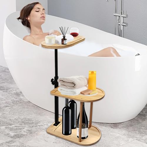 3 Layer Bath Tub Tray Table Liftable Freestanding Bamboo Bath Tray Caddy for Tub Against Wall Shelf Bathroom Organizer Shelf for Luxury Spa (Oval) - color: Oval