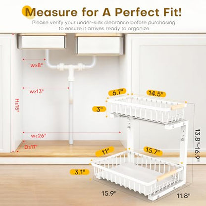 Under Sink Organizer, 2 Tier Pull Out Under-Sink Shelves, Adjustable Height (13.8" -16.9"), Sturdy Metal Storage Organizer for Bathroom Kitchen Pantry Cabinet (2 Packs, White)