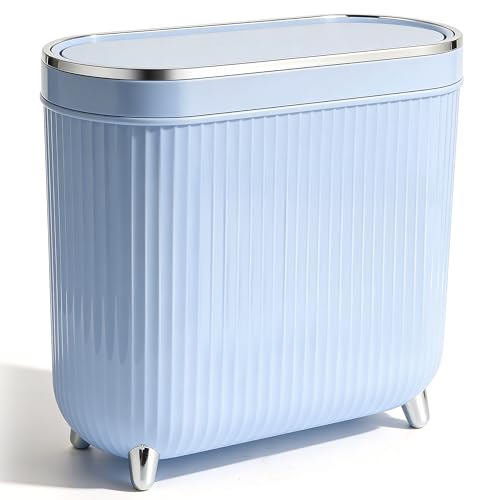 Supteron Bathroom Trash Can with Lid 3.1 Gallon Narrow Trash Can Small Plastic Trash Bin 12 Liter Rectangular Plastic Garbage Can with Press Type Lid for Bedroom Bathroom - color: Blue