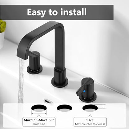 Matte Black Bathroom Faucet 3 Hole 8 Inch Widespread Waterfall | 2-Handle Vanity Faucet, Pop-Up Drain, Supply Lines, Adjustable 4- to 16-Inch Widespread Fit, 360° Swivel Spout - color: Matte Black