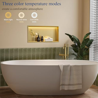 24"x12" Gold LED Shower Niche,3 CCT Dimmable Light, No Tile Needed | 304 Stainless Steel Bathroom Niche w/ Light(3000K/4000K/6000K), IP66 Waterproof, Space Saving & Durable ,LED Driver Included - color: Brass Gold, size: 24X12In