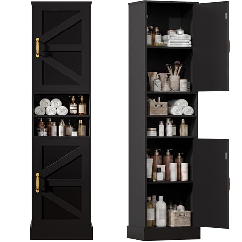 Tall Bathroom Cabinet with 2 Barn Doors and 6 Shelves, Narrow Storage Cabinet with Sturdy Base & Adjustable Shelves for Small Space, Bathroom, Kitchen, Living Room, Black - color: Black, size: 13.7" W