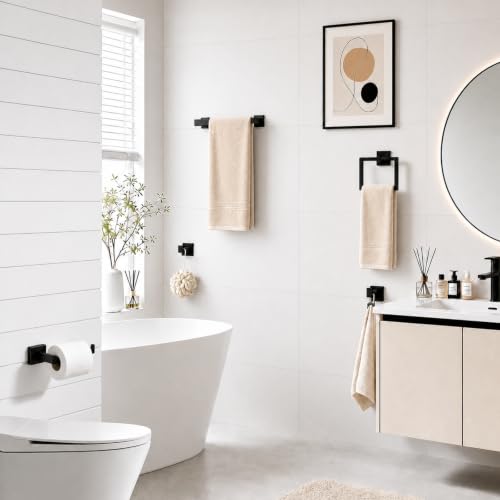 5-Piece Matte Black Bathroom Accessorys Stainless Steel Towel Bar Set | Square with Toilet Paper Holder Towel Ring Hook and Towel Racks for Bathroom Wall Mounted Bathroom Hardware Set - color: Matte Black