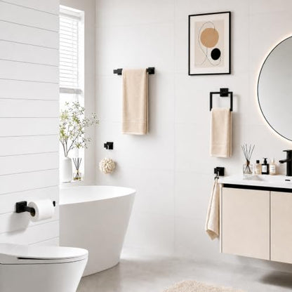 5-Piece Matte Black Bathroom Accessorys Stainless Steel Towel Bar Set | Square with Toilet Paper Holder Towel Ring Hook and Towel Racks for Bathroom Wall Mounted Bathroom Hardware Set - color: Matte Black