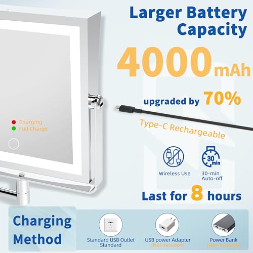 Ruacq Wall Mounted Makeup Mirror with Lights 1X/10X Dual Sided Chrome | 8",4000mAh Rechargeable,Magnification,3 Color,Touch Screen Dimmable,360° Rotation Extension Foldable Arm, Square, Women Gift - color: Chrome