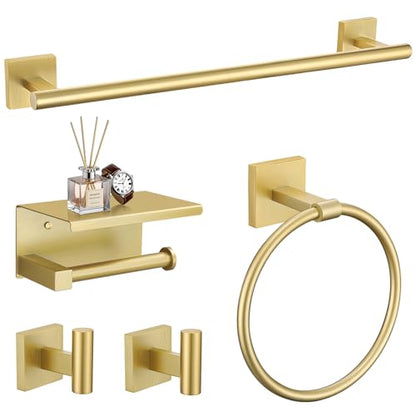 TURS 5-Pieces Brushed Gold Bathroom Hardware Set 23.6 Inch SUS304 Stainless Steel Towel Bar Set Wall Mounted Square Toilet Paper Holder with Shelf - color: Brushed Gold, size: 5-Pieces Set
