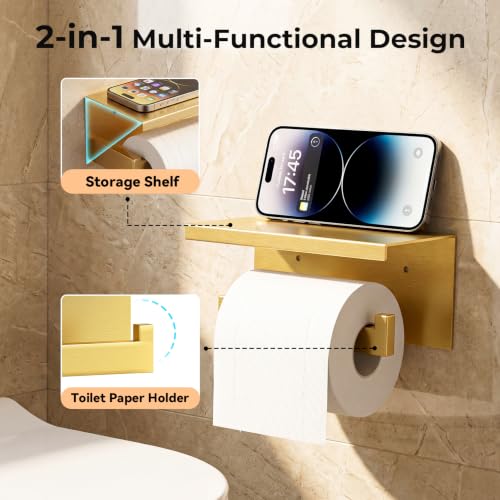 5-Piece Bathroom Hardware Set, 23.6 Inch Towel Bar Set SUS304 Stainless Steel Towel Racks for Bathroom Round Towel Bar, Towel Ring, Toilet Paper Holder, 2 Robe Hooks, Wall Mounted (Brushed Gold) - color: Brushed Gold, size: 5 pack