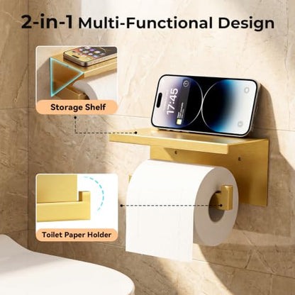 5-Piece Bathroom Hardware Set, 23.6 Inch Towel Bar Set SUS304 Stainless Steel Towel Racks for Bathroom Round Towel Bar, Towel Ring, Toilet Paper Holder, 2 Robe Hooks, Wall Mounted (Brushed Gold) - color: Brushed Gold, size: 5 pack