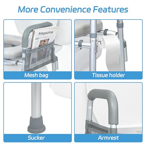 Raised Toilet Seat with Handles, 400lb, Adjustable Height & Width | Padded Comfort,Rust-Proof Aluminum,Non-Slip Feet, Height/Width Adjustable, Fit Any Toilets. Tool-Free Install, For Seniors