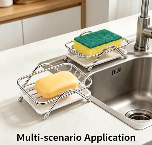 Stainless Steel Soap Dish, Self Draining Soap Holder with Removable Drain Tray, Countertop Metal Soap Saver for Bathroom Kitchen Sink