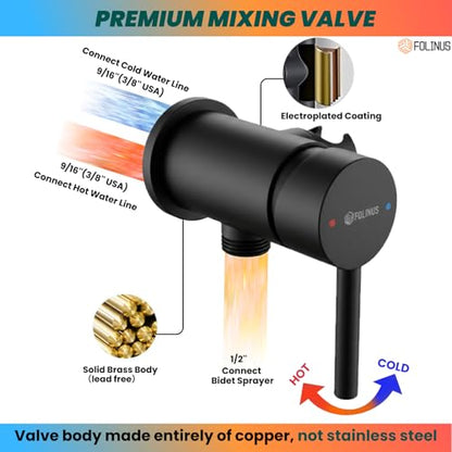 Handheld Bidet Sprayer for Toilet Warm Water Mounted on The Bathroom Vanity，Stainless Steel Hot and Cold Bidet Sprayer with Brass Mixing Valve for Feminine Hygiene (Matte Black) - color: Matte Black