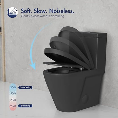 One Piece Toilet Elongated Dual Flush, 17.3" ADA Seat, Matte Black | ADA Compliant 17.3" chair height with soft close seat, Dual flush 1.1/1.6 GPF Elongated toilet bowl 12" rough-in, Matte Black - color: Matte Black 365Model