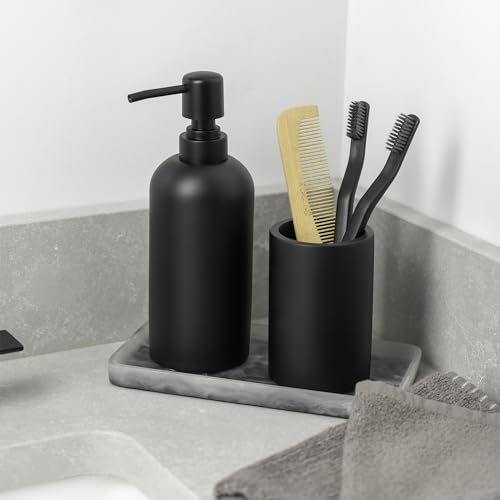 Matte Black Resin Bathroom Tumbler Cup - Matte Black Toothbrush Holder, 4x2.75 Inch, 12oz Capacity, Minimalist Vanity Countertop Organizer (Black) - color: Black