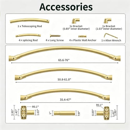 Gold Curved Shower Curtain Rod for Bathroom Bathtub 33-78 In Adjustable Curved Shower Rod, RustProof Stainless Steel Round Shower Rods for Stall,Extra Shower Space Expandable Need Drilling - color: Gold