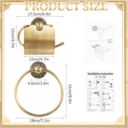 2 Pieces Set Antique Brass Toilet Paper Holder Retro Brass Hand Towel Ring Tissue Roll Paper Hanger Bathroom Hardware Wall Mounted Vintage Bathroom Accessories (with Cover) - style: with Cover