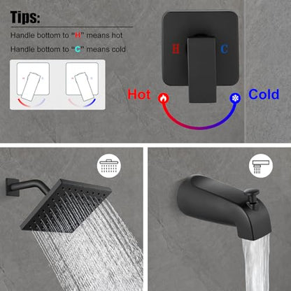 Heyalan 6 Inch Shower Set with Tub Spout and Valve,Matte Black | 6-inch square rainfall head, tub spout with diverter, male-thread rough-in valve, single-handle control and wall-mount design - color: Matte Black, size: 6 Inch Square Shower Head