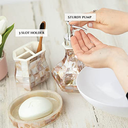 Milano Mother of Pearl 4 Piece Resin Bathroom Accessories Set | Includes Soap Dispenser, Toothbrush Holder, Tumbler Cup & Soap Dish - style: 4 Pc. Bathroom Accessory Set