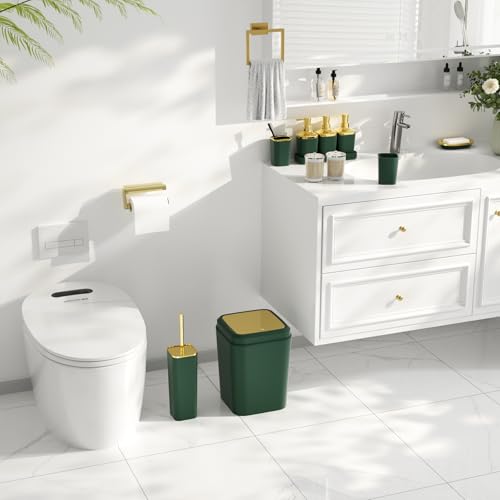 Bathroom Set - 27PC Bathroom Sets with Shower Curtain and Rugs, Green Bathroom Set, Bathroom Accessory Set, Trash Can, Toilet Brush & 3 PC Soap Dispensers - color: Dark Green, size: Bath Set+Boho Shower Curtain+Bath Rugs