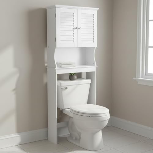 Redmon Louvered Double Doors Over the Toilet Space Saver Storage Cabinet (Full Side Panels), Adjustable Center Shelf, 23.50 Inch Width x 63.00 Inch Height, White Semi Gloss Enamel Finish