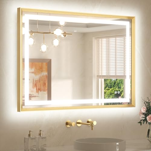40 x 30 Bathroom Mirror Brushed Gold Metal Frame Frontlit & Backlit Vanity Mirror 3 Colors White/Warm/Natural Stepless Dimmable Anti-Fog Bathroom Mirrors for Vanity Wall-Mounted - color: Brushed Gold, size: 30"L x 40"W