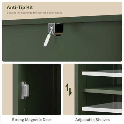 TEENFON Tall Bathroom Cabinet, Storage Cabinet with 6 Shelves & Drawer, Bathroom Storage Cabinet with Adjustable Shelves, Tall Cabinet for Living Room, Home Office, Green
