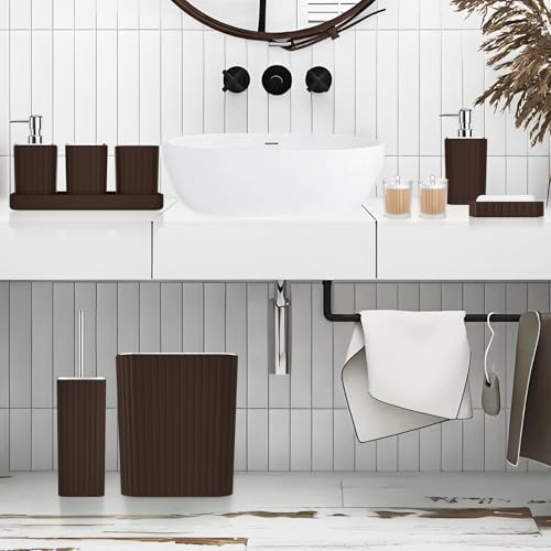 XLHOMO Bathroom Accessories Set - Gorgeous Bathroom Set, 10PC Brown Bathroom Accessories, Bathroom Accessory Set, Toilet Brush, Trash Can, Qtip Holder Dispenser & Soap Dispenser - size: Bath Set, style: Brown&Silver