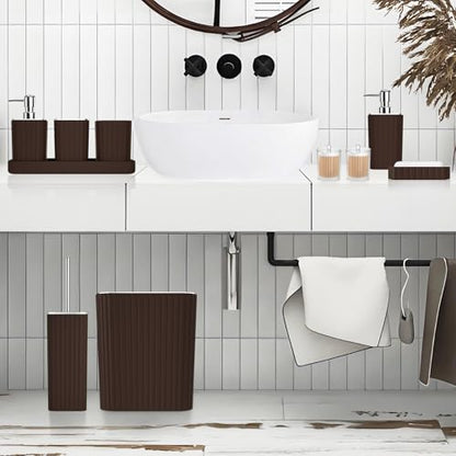 XLHOMO Bathroom Accessories Set - Gorgeous Bathroom Set, 10PC Brown Bathroom Accessories, Bathroom Accessory Set, Toilet Brush, Trash Can, Qtip Holder Dispenser & Soap Dispenser - size: Bath Set, style: Brown&Silver