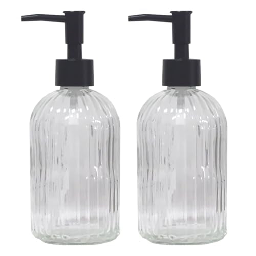 YYTSGG Clear Glass Soap Dispenser with Pump, 2 Pack 13.5oz, Vertical Stripe | Bathroom Soap Dispenser for Hand Wash and Dish Wash, Elegant Refillable Hand Dispenser for Dishwashing Liquid, Lotion - color: Clear