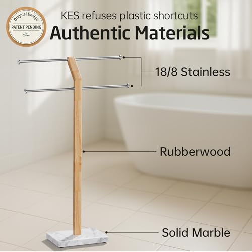 KES Width Adjustable Free Standing Towel Rack with 3X Thicker Weighted Natural Marble Base, 2-Tier Wooden Towel Rack Stand for Bathroom Floor, 18/8 Stainless Steel, Brushed Finish, BTH800-2 - color: White Marble