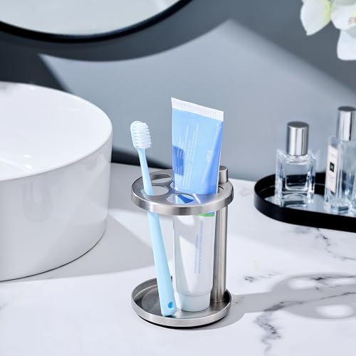 Toothbrush & Toothpaste Holder for Bathroom Countertop, Metal Electric Toothbrush Stand with Razor Slot, Ideal Design Caddy for Kids & Family, Brushed Silver - color: Brushed Silver