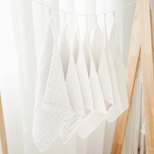 Konssy Baby Muslin Washcloths 7-Pack, 100% Cotton Baby Bath Washcloths, Soft & Absorbent Wash Cloths and Burp Cloths for Newborn Kids Girls & Boys, 11x11 inches - color: White