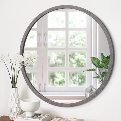 JJUUYOU Round Mirror Wall Mounted Circle Mirror Yellow Round Vintage Wood Frame Mirrors for Bathroom Living Room Bedroom Dormitory Washroom,Gray - color: Imported Fabric, size: 16"L x 16"W