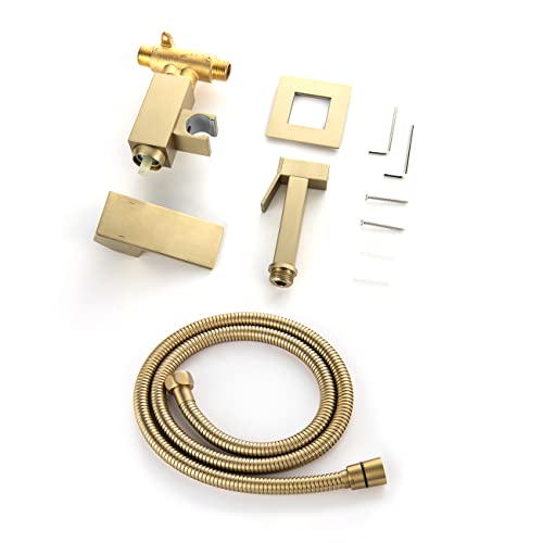 Handheld Bidet Sprayer Head Warm Water Mixing Kit Brushed Gold Brass | Square Bidet Hand Held Sprayer Shattaf Bathroom Attachment for Toilet with Concealed Hot and Cold Mixing Valve - color: Brushed Gold