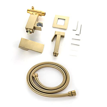 Handheld Bidet Sprayer Head Warm Water Mixing Kit Brushed Gold Brass | Square Bidet Hand Held Sprayer Shattaf Bathroom Attachment for Toilet with Concealed Hot and Cold Mixing Valve - color: Brushed Gold