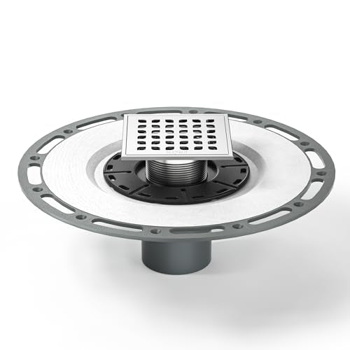 Square Shower Drain with PVC Bonding Flange Base, 4" Brushed | 304 Stainless Steel Drain w/ Drain Key for Low Profile Shower Tiles, CUPC Certified - color: Brushed4"